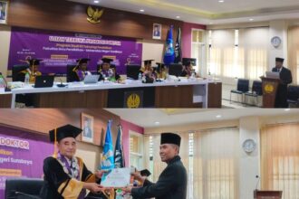 Kepala SMA Nahdlatul Ulama 1 Gresik, Dr H Agus Syamsudin berhasil melalui Ujian Terbuka Promosi Doktor Program Studi S3 Teknologi Pendidikan, Fakultas Ilmu Pendidikan, di Universitas Negeri Surabaya (Unesa), pada Senin (8/7/2024). Foto: dok SMANU 1 Gresik/NUGres