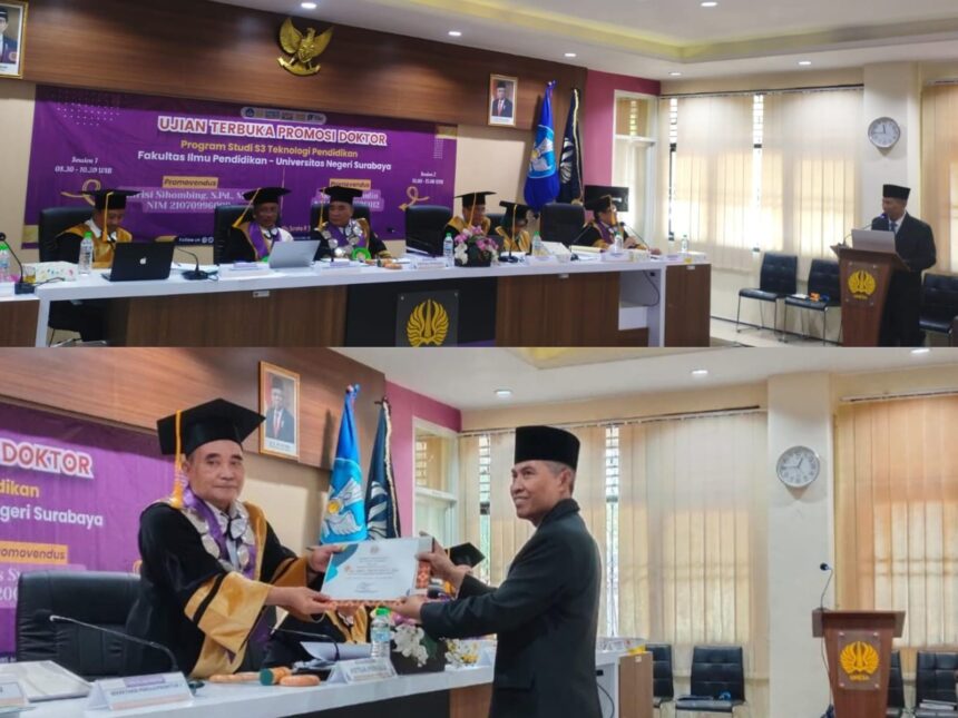 Kepala SMA Nahdlatul Ulama 1 Gresik, Dr H Agus Syamsudin berhasil melalui Ujian Terbuka Promosi Doktor Program Studi S3 Teknologi Pendidikan, Fakultas Ilmu Pendidikan, di Universitas Negeri Surabaya (Unesa), pada Senin (8/7/2024). Foto: dok SMANU 1 Gresik/NUGres