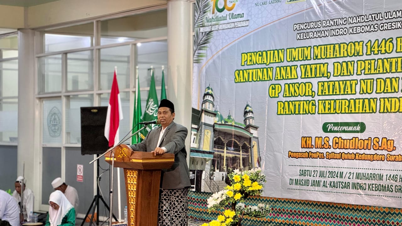 Ketua Tanfidziyah PCNU Gresik KH Mulyadi saat menyampaikan wejangannya. Foto: dok PRNU Indro/NUGres