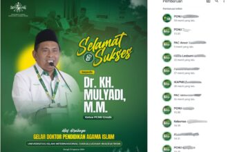 Poster digital ucapan Selamat dan Sukses kepada Dr KH Mulyadi MM yang diupload di media sosial NUGres diunggah ulang sebagai status Whatsapp oleh warga, kader, pengurus NU di Kabupaten Gresik. Desain/ilustrasi: Abdul Jalil, Tangkapan layar/NUGres