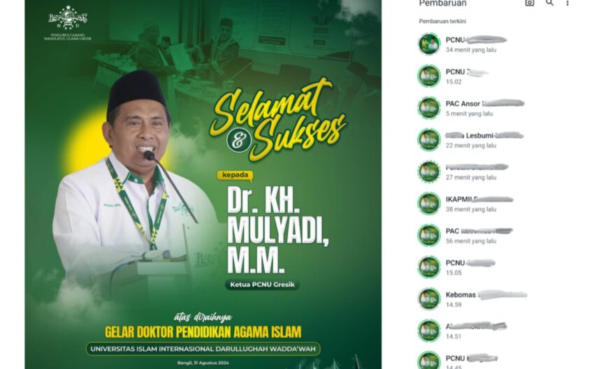 Poster digital ucapan Selamat dan Sukses kepada Dr KH Mulyadi MM yang diupload di media sosial NUGres diunggah ulang sebagai status Whatsapp oleh warga, kader, pengurus NU di Kabupaten Gresik. Desain/ilustrasi: Abdul Jalil, Tangkapan layar/NUGres