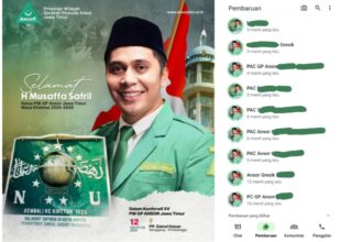 Kader GP Ansor Gresik ramai-ramai pajang flyer ucapan selamat atas terpilihnya H Musaffa Safril usai terpilih sebagai Ketua PW GP Ansor Jawa Timur masa khidmat 2024 - 2029. Foto: flyer ig @pwgpansorjatim dan tangkapan layar (ist)/NUGres