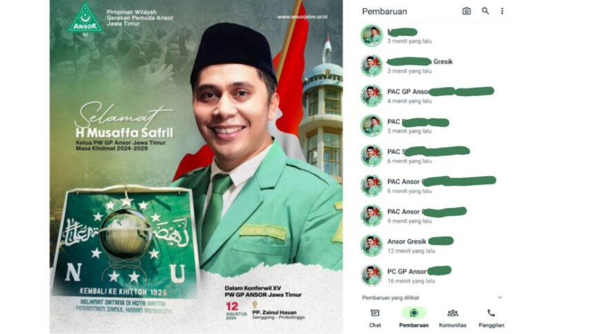 Kader GP Ansor Gresik ramai-ramai pajang flyer ucapan selamat atas terpilihnya H Musaffa Safril usai terpilih sebagai Ketua PW GP Ansor Jawa Timur masa khidmat 2024 - 2029. Foto: flyer ig @pwgpansorjatim dan tangkapan layar (ist)/NUGres