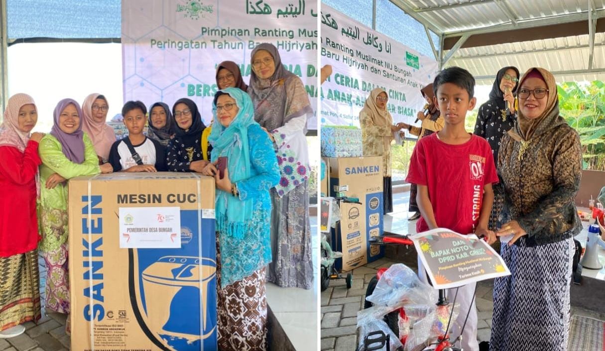 Anak-anak kala mendapatkan hadiah doorprize dalam kegiatan Peringatan Tahun Baru Hijriah dan Santunan Anak Yatim Pimpinan Ranting Muslimat NU Bungah, Jumat (9/8/2024) pagi. Foto: dok PR Muslimat NU Bungah/NUGres