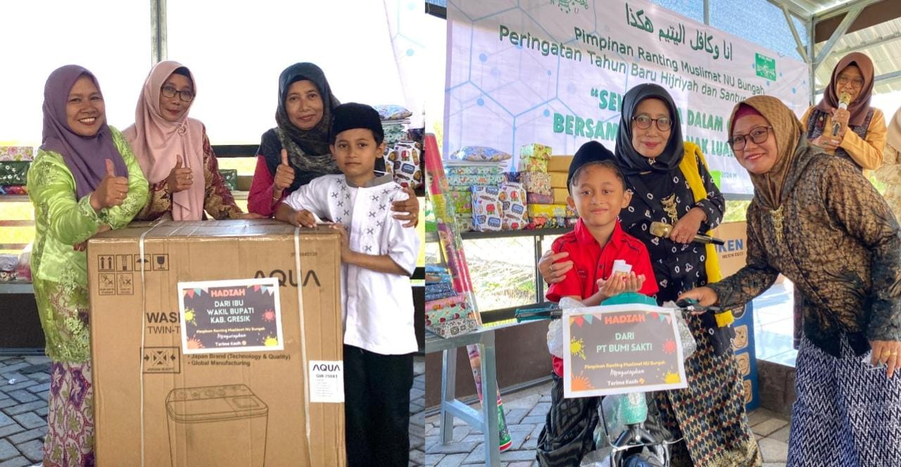 Anak-anak kala mendapatkan hadiah doorprize dalam kegiatan Peringatan Tahun Baru Hijriah dan Santunan Anak Yatim Pimpinan Ranting Muslimat NU Bungah, Jumat (9/8/2024) pagi. Foto: dok PR Muslimat NU Bungah/NUGres