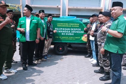 Pimpinan Wilayah (PW) GP Ansor Jawa Timur melakukan Launching Program Kemandirian Kader ditandai dengan Pelepasan Ekspor 1 Ton Mangga Arumanis ke Dubai, Selasa (24/9/2024). Foto: dok PW GP Ansor Jatim/NUGres