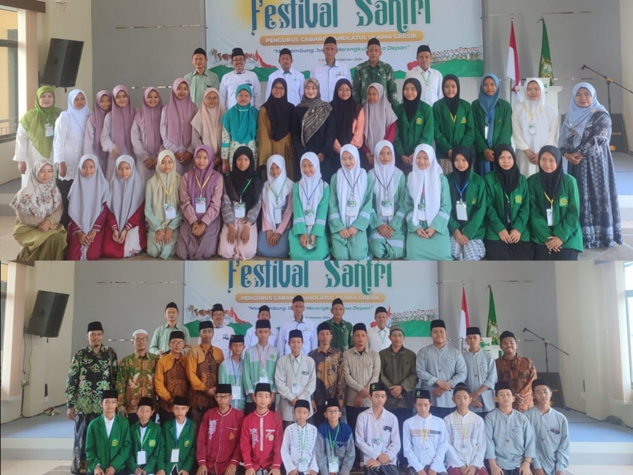 Panitia HSN 2024 dan peserta beberapa peserta Pembukaan Festival Santri mengabadikan momen dengan berfoto bersama dengan panitia dan Pengurus NU Cabang Gresik 