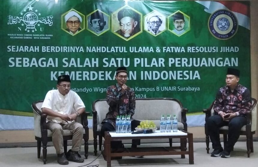 Sarasehan kebangsaan bertema Berdirinya NU dan Resolusi Jihad NU sebagai Salah Satu Pilar Kemerdekaan Indonesia, di Gedung Soetandyo Wignjosubroto UNAIR Surabaya, Ahad (6/10/2024). Foto: ist/NUGres