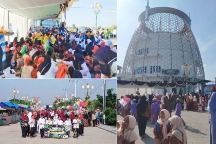 Ribuan santri dari TPQ/TPA dan Madin se-Kecamatan Balongpanggang Gresik mengikuti Kirab Peringatan Hari Santri Tahun 2024 di Masjid KH Robbach Ma'sum, Ahad (3/11/2024) pagi. Foto: Samsul/NUGres