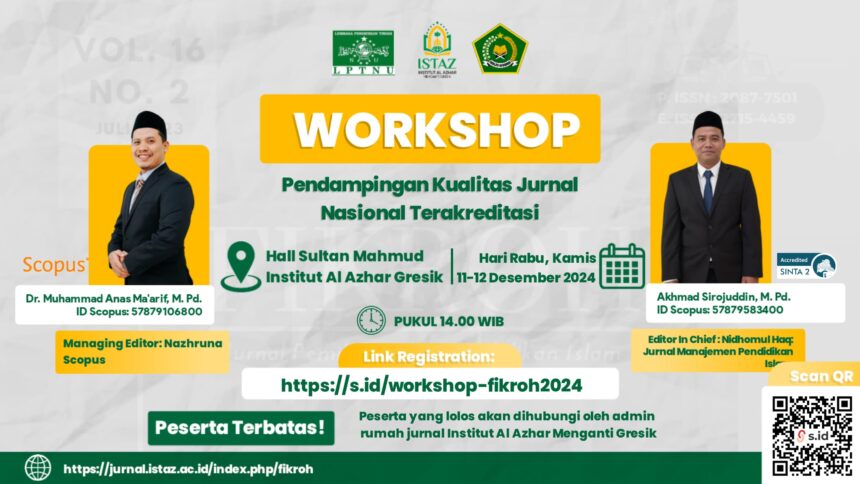 Workshop Pendampingan Kualitas Jurnal Nasional Terakreditasi yang akan digelar 11 - 12 Desember 2024. Foto: ist/NUGres