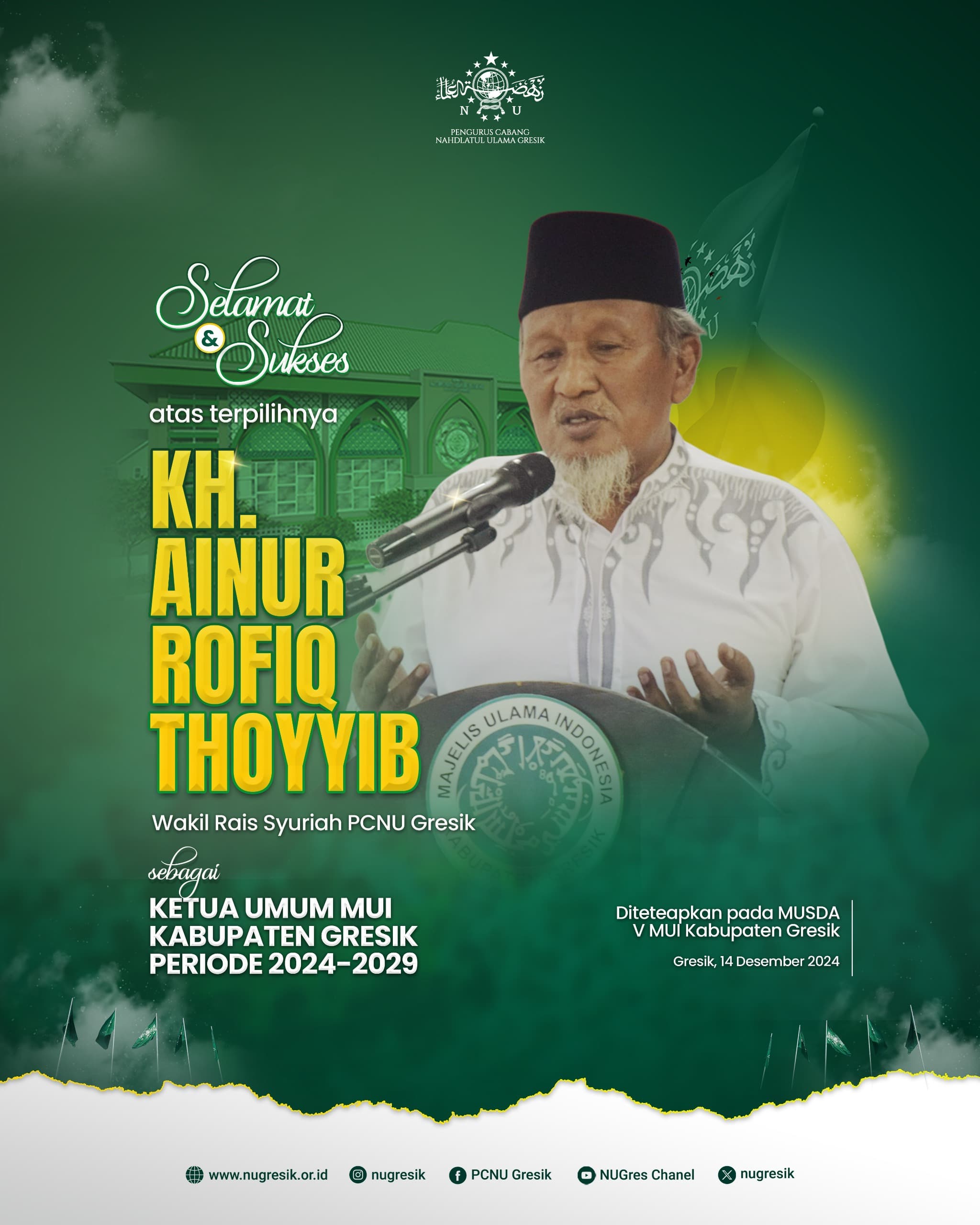 Flayer publikasi ucapan selamat dan sukses atas terpilihnya Ketua Umum Majelis Ulama Indonesia (MUI) Kabupaten Gresik 2024 - 2029. Foto/ilustrasi: Abdul Jalil/NUGres