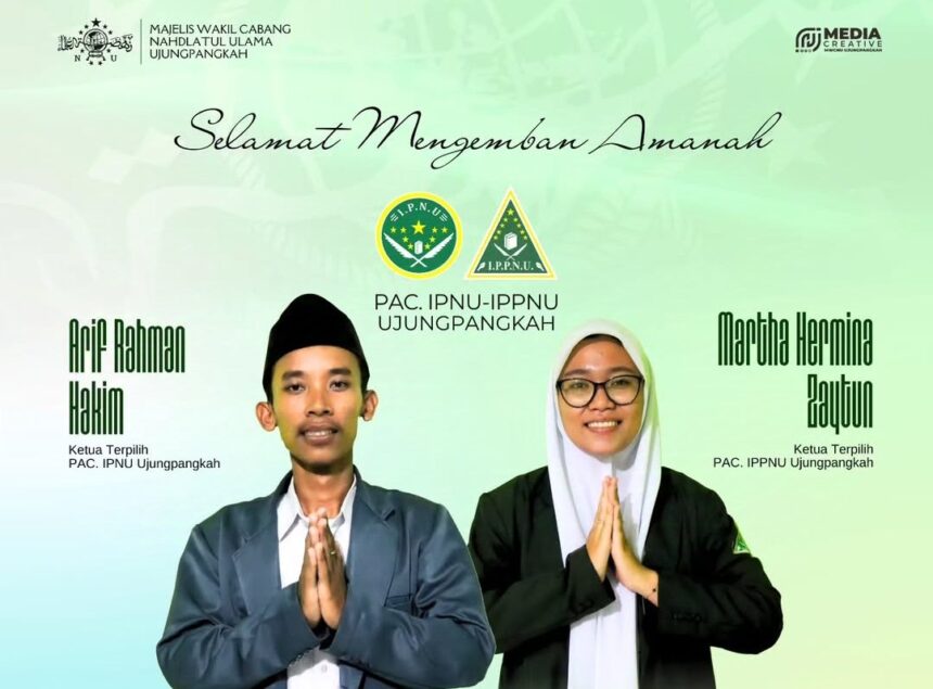 Ketua Mandataris Pimpinan Anak Cabang (PAC) IPNU IPPNU Ujungpangkah masa khidmat 2024 - 2026, rekan Arif dan rekanita Martha terpilih dalam Konferancab ke-X. Foto: ig @mwcnu.ujungpangkah/NUGres