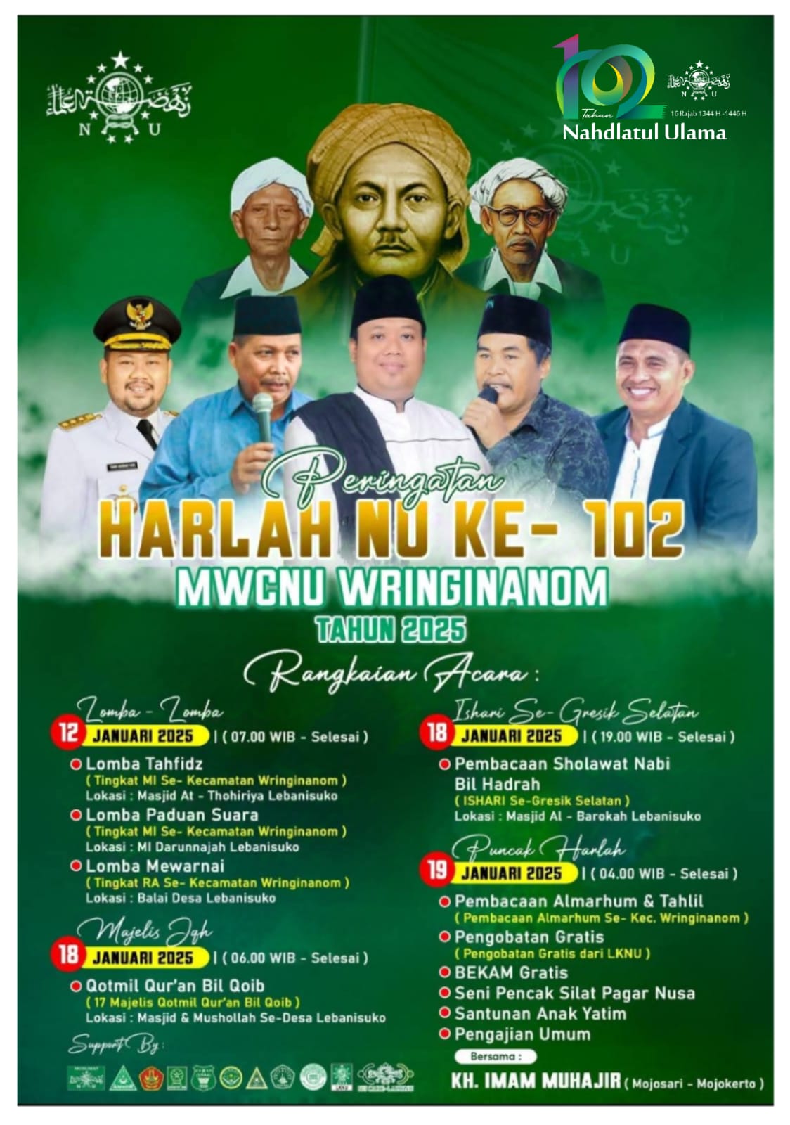 Flyer publikasi rangkaian acara Hari Lahir (Harlah) ke-102 NU yang diselenggarakan oleh MWCNU Wringinanom. Foto: dok MWCNU Wringinanom/NUGres