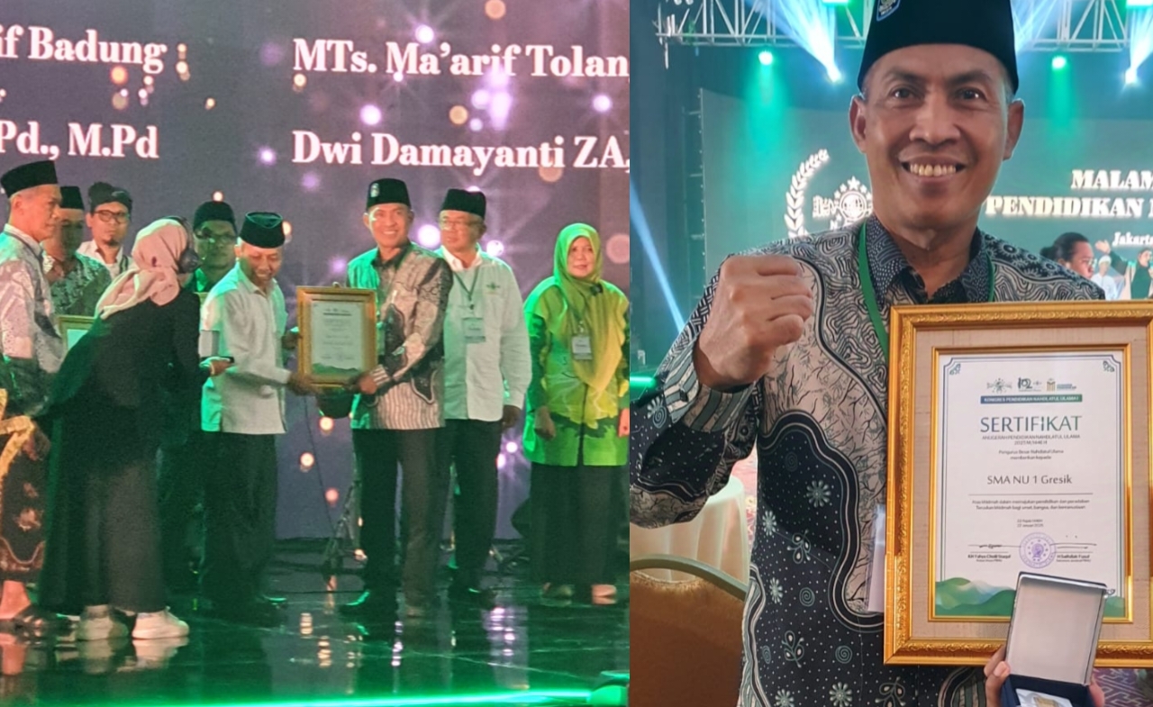 Kepala Sekolah SMA Nahdlatul Ulama 1 Gresik, Dr. H. Agus Syamsudin, M.A., saat menerima penghargaan dari PBNU pada Malam Anugerah Pendidikan Nahdlatul Ulama. Foto: dok SMANU 1 Gresik/NUGres