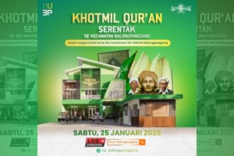 Flyer publikasi siaran live streaming Khotmil Qur'an Serentak di 81 Musala dan Masjid NU se-Kecamatan Balongpanggang dan Pra Konferensi MWCNU Balongpanggang, Gresik, pada Sabtu (25/1/2025). Foto: dok MWCNU Balongpanggang/NUGres