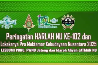 Flyer publikasi Peringatan Hari Lahir ke-102 NU dengan rangkaian kegiatan Pra Muktamar Kebudayaan Nusantara 2025 yang akan digelar Lesbumi PBNU bersama PWNU Jawa Tengah dan Jatman NU. Foto: ist/NUGres