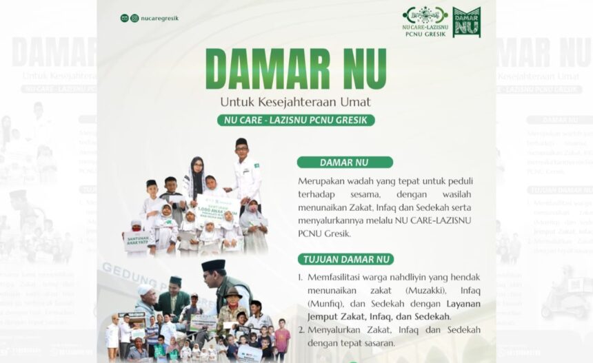 Pengurus Cabang Lembaga Amil, Zakat, Infak dan Sedekah Nahdlatul Ulama Gresik (PC LAZISNU Gresik), meluncurkan program Damar NU di tengah peringatan Harlah ke-102 NU. Foto: dok PC Lazisnu Gresik/NUGres