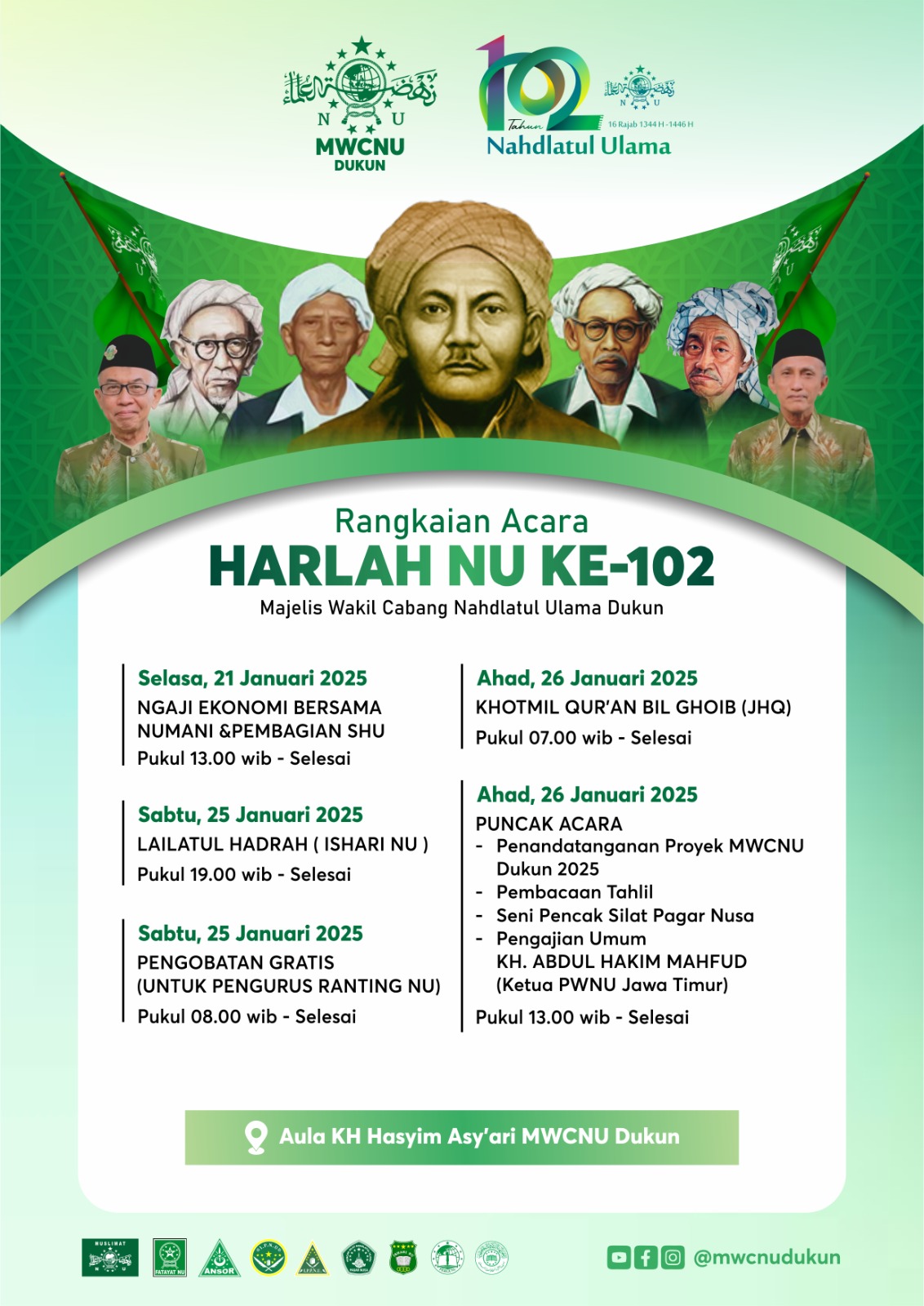 Flyer publikasi rangkaian peringatan Hari Lahir ke-102 Nahdlatul Ulama di MWCNU Dukun. Foto: dok MWCNU Dukun/NUGres