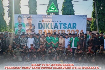 Poster digital berisi pernyataan sikap PC GP Ansor Gresik terhadap munculnya aksi massa membawa simbol organisasi terlarang di Surabaya, Ahad (2/2/2025). Foto/ilustrasi: instagram @pcgpansorgresik/NUGres