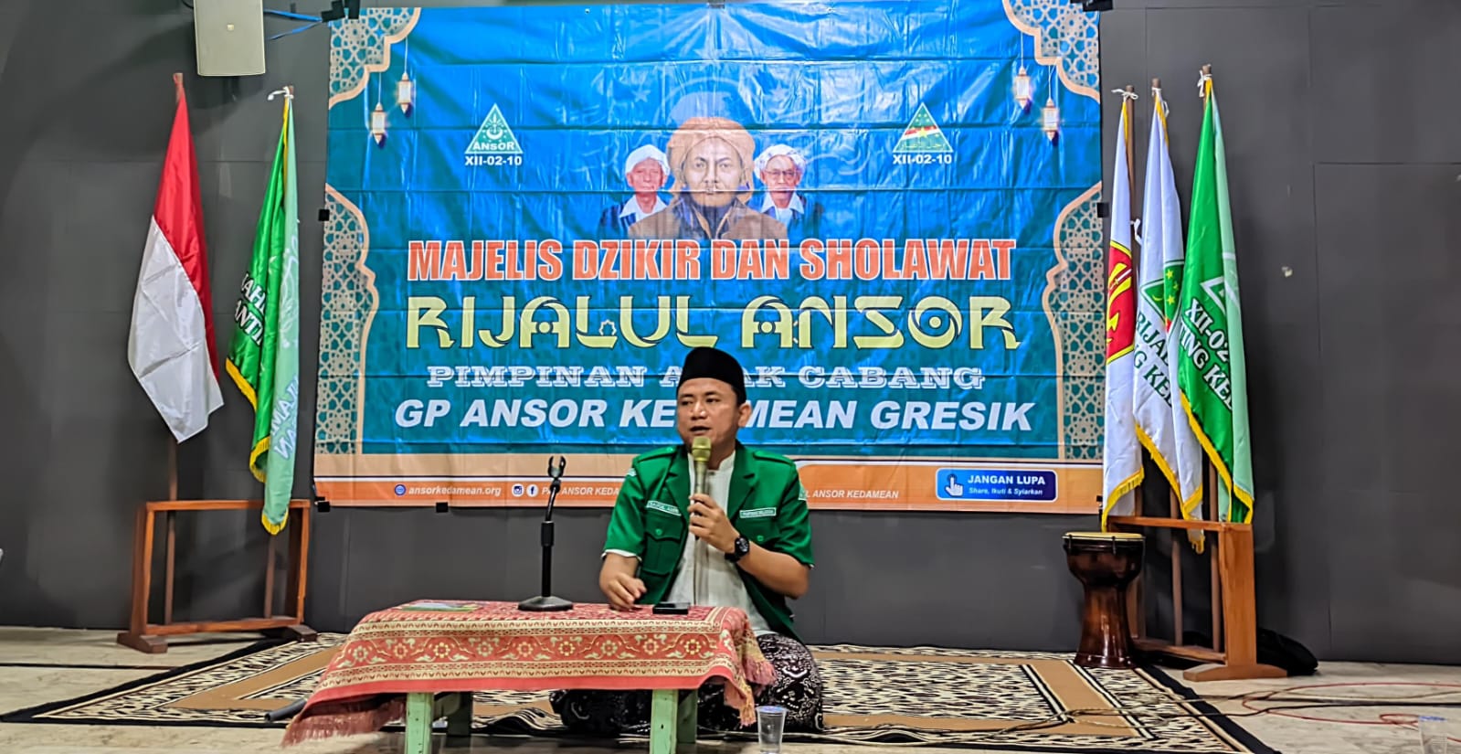 Ketua PAC GP Ansor Kedamean, Saiful Amri, saat menyampaikan sambutan sekaligus tawaran konsep kolaborasi kegiatan antar Badan Otonom (Banom) Nahdlatul Ulama di wilayah Kecamatan Kedamean, Kabupaten Gresik. Foto: dok PAC GP Ansor Kedamean/NUGres